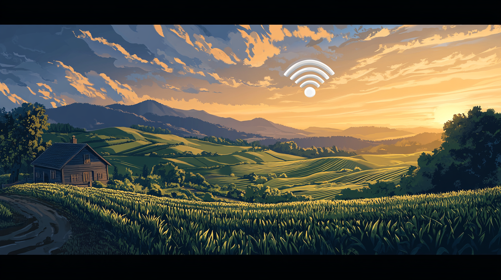 Scenic farmland with a small farmhouse and a wireless icon symbolizing top rural internet service