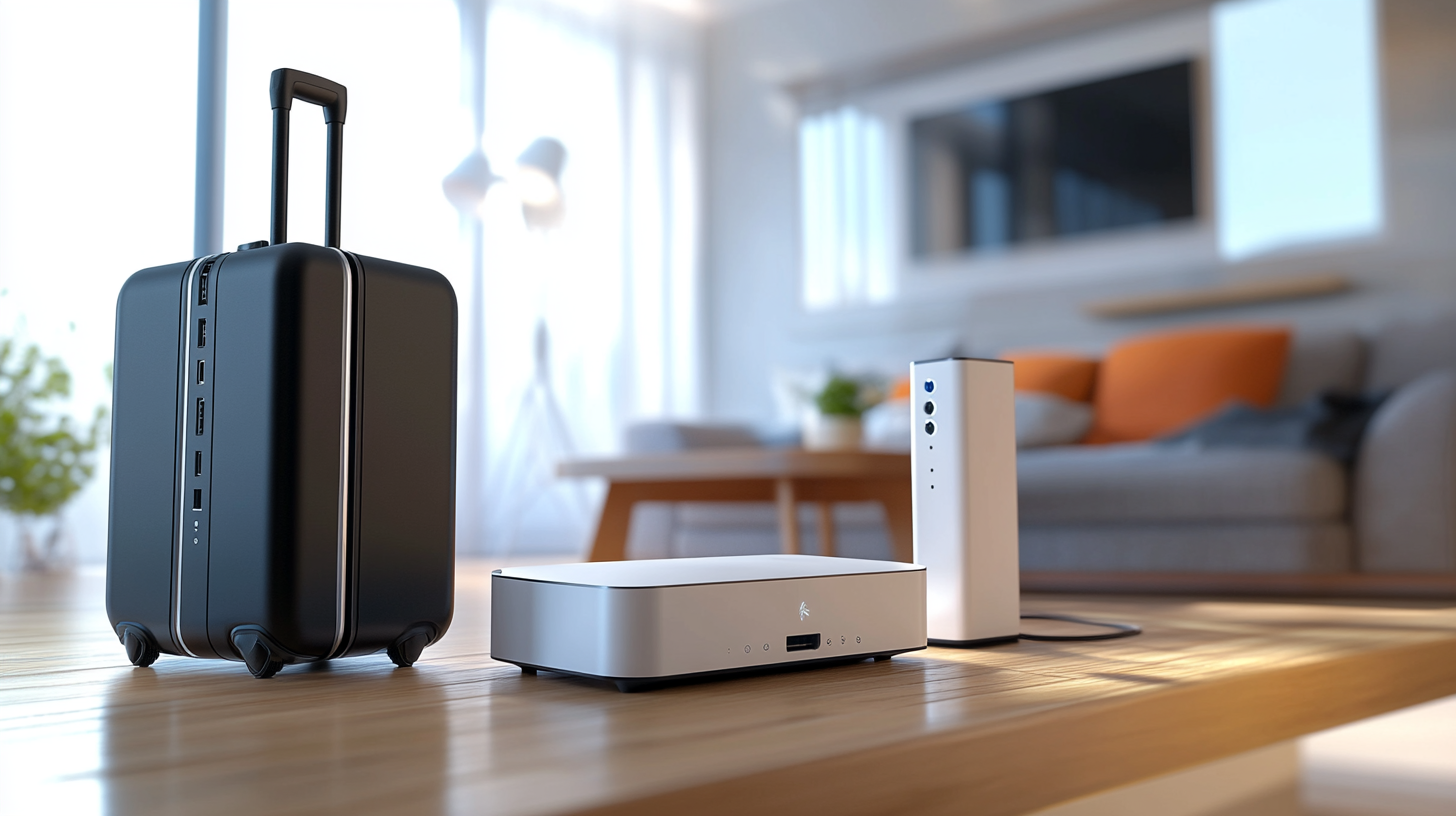 Two contrasting router sizes with a travel bag and power outlet in view